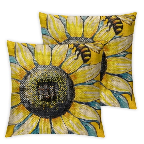 nygtbtfer Hello Sunshine Pillow Covers Set of 2 Summer Sunflower Bee Farmhouse Square Pillow Cases Linen Yellow Cushion Cover for Outdoor Front Porch Patio Sofa Couch White