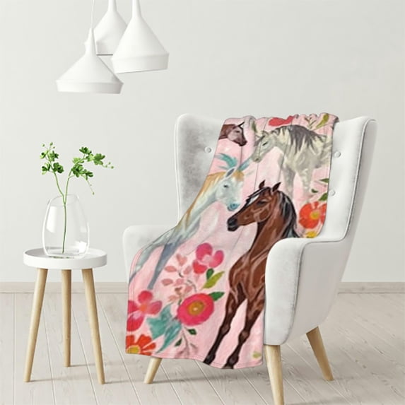 nygtbtfer Horse Blanket Gift for Girls Women Cute Animal Horses Throw Blankets Flowers Flannel Stuff Soft Lightweight Plush Pink Blanket for Horse Lovers Decor Bed Sofa 50x60in