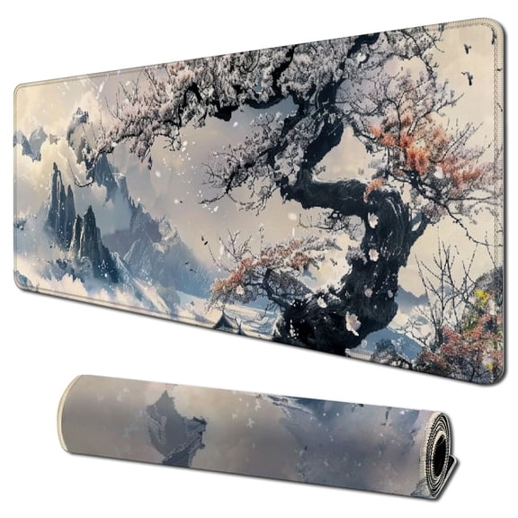 nygtbtfer Japanese White Mouse Pad, Large Cherry Blossom Desk Mat, XL Anime Gaming Keyboard Mat, Non-Slip Rubber Base, Big Extended Desk Protector for Home Office, 31.5x11.8 in