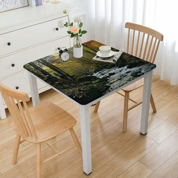 nygtbtfer Landscape Tablecloth, Autumn River Creek Forest Falling Leaves Rocks Trees Foliage Sunbeams Branches, Rectangular Table Cover for Dining Room Kitchen Decor, Multicolor 36*36