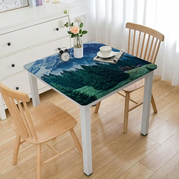 nygtbtfer Landscape Tablecloth, Relaxing Scenery Mountains Forest Trees Pines Clouds Hills Image, Dining Room Kitchen Rectangular Table Cover, Mauve Green Dark Purple 52*52