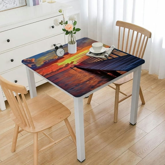 nygtbtfer Landscape Tablecloth, Wooden Bridge in The Port at Sunrise Horizon Candle Romantic Love Image Print, Dining Room Kitchen Rectangular Table Cover, Orange Navy 52*52