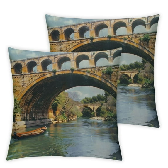 nygtbtfer Landscape Throw Pillow Cushion Case Pack of 4, Roman Heritage Wall Southern France Architectural Historical Landmark, Modern Accent Double-Sided Digital Printing, Blue Green Tan White