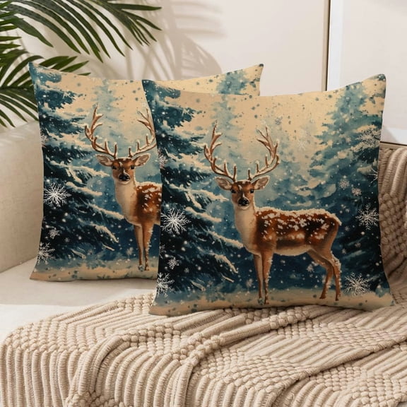 nygtbtfer Merry Christmas Deer and Forest Pillowcase Christmas Green Tree Pillowcases Square Winter Xmas Pillow Covers Holiday Decor for Home Living Room Bed Sofa Outdoor Style A