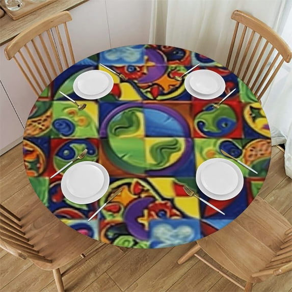 nygtbtfer Mexican Talavera Elastic Edged Fitted Round Table Cloths, Home Decorative Tablecloth for Indoor Outdoor Kitchen Party 54-58
