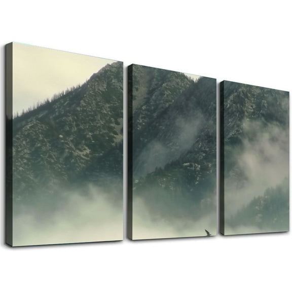 nygtbtfer - Mountain Lake Mist Nature Landscapes Multi Canvas Art Print Box Framed Picture Wall Hanging - Hand Made in The UK - Framed and Ready to Hang 12x16x3pcs
