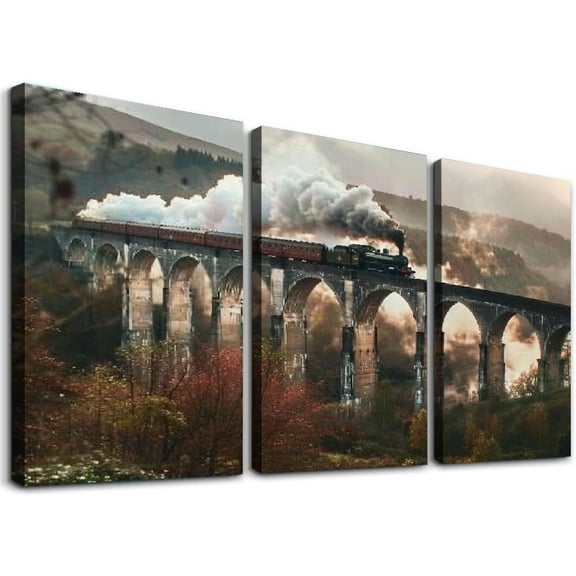 nygtbtfer Mountain Landscape Wall Art: Framed Steam Train Picture, Sunrise Grassland Painting, Hills Railway Artwork for Bedroom or Living Room Decor, Size 12x16x3pcs