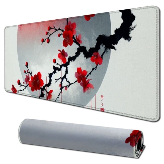 nygtbtfer Mouse Pad 31.5x11.8 Inch Pink Full Desk Japanese Sakura Mousepad Extended Large Non-Slip Rubber Base Waterproof Big Keyboard Mat with Stitched Edges for Gaming and Office