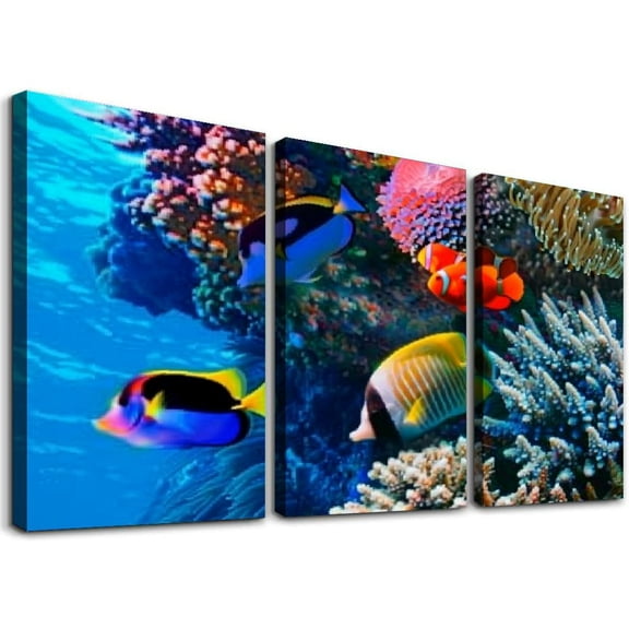 nygtbtfer Multi Wood Printings Art Print Box Framed Picture Wall Hanging Landscape Under The Sea, Aquarium Fish - Framed and Ready to Hang - ref. 12x16x3pcs