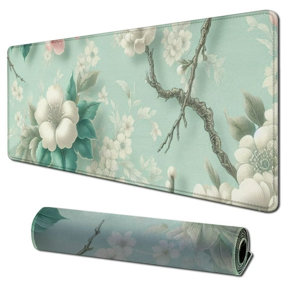 nygtbtfer Multifunctional PU Leather Office Desk Pad with + Mouse Pad, Extended Large Non Slip Ultra Thin Waterproof Desk Writing Mat (Chinese Flower) 31.5x11.8 in