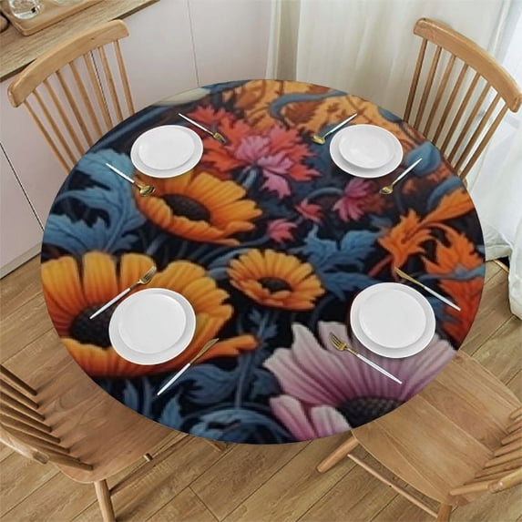 nygtbtfer Natural Flowers Round Fitted Tablecloth with Elastic Edge Fitted Table Cloth for Round Table Circular Table Cover Wipeable Round Elastic Table Cloth 38-42