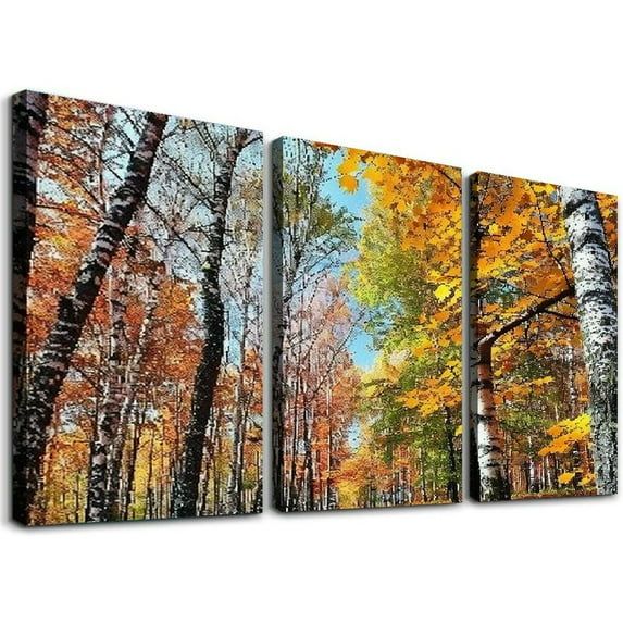 nygtbtfer Nature Scene Canvas Wall Art - Forest Landscape Picture Painting Yellow Fallen Leaves Artwork Trees Path Park Print with Frame for Living Room Bedrooms 12x16x3pcs
