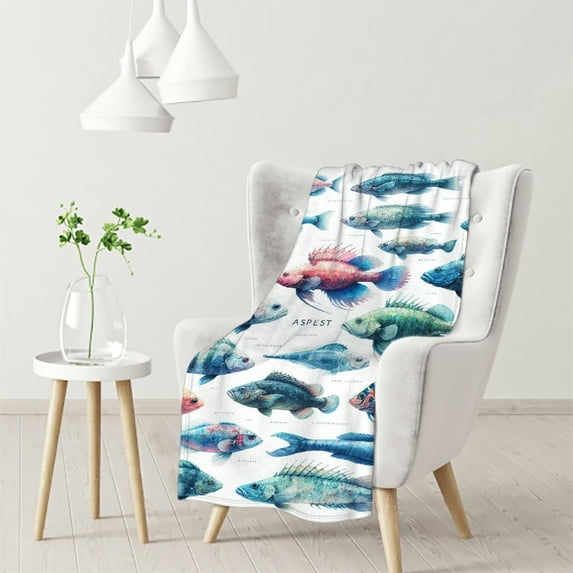 nygtbtfer Ocean Animal Print Fleece Blanket Hunting and Fishing Sherpa Blanket, Watercolor Fish Set Blanket Throw Size Colorful Throw Blanket for Sofa, Kids Nature Theme Flannel Blanket, White