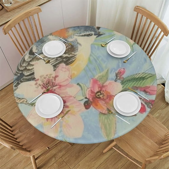 nygtbtfer Orange Flowers Leaves Green Fitted Round Tablecloth Table Cloth with Elastic Edge Wipe Clean Table Cover for Indoor Outdoor 46-50