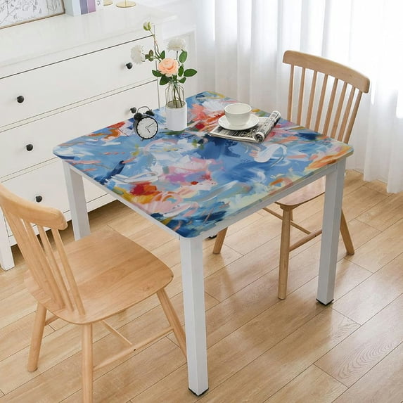 nygtbtfer Pink Blue Tablecloth, Fitted Table Cover with Elastic for Tables, Contemporary Abstract Art Oil Painting Table Cloth Outdoor Indoor Dinning Party Tablecloths