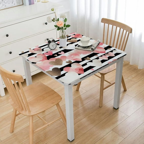 nygtbtfer Pink Heart Black White Stripe Round Tablecloth Valentines Table Cloth Polyester Tablecloth Table Cover for Kitchen Outdoor Party Picnic
