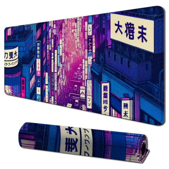 nygtbtfer Purple Japanese Anime Desk Mat for Desktop, Pink Retro Tokyo Large Gaming Mouse Pnd Keyboard Mat, XL Long Computer Mouse Pad for Laptop, Office Non-Slip Pad