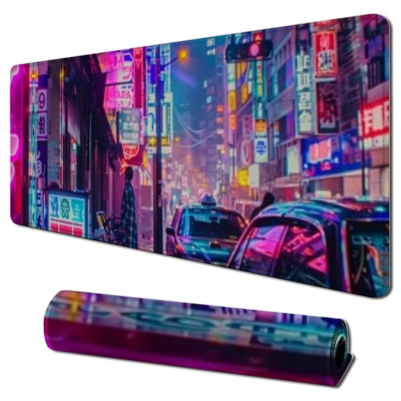 nygtbtfer Purple Seoul Neon Desk Mat Street Pixel Art Purple Japanese Mouse Pads , Skyline City Desk Mat for Desktop Pad XXL Gaming Mouse Pad for Computer Office Keyboard Laptop Pad 31.5x11.8 in