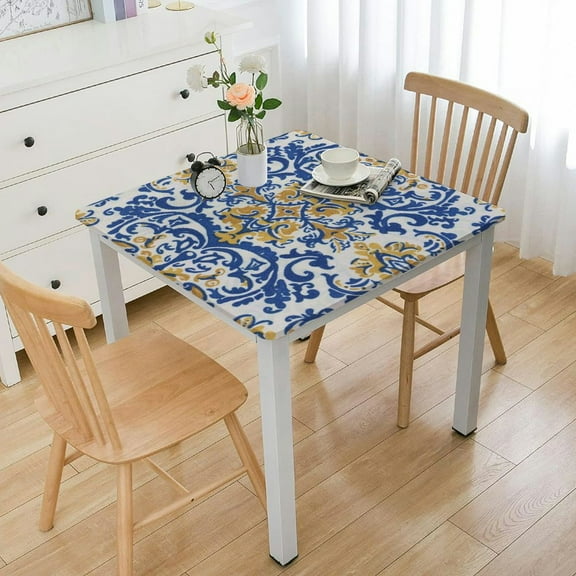 nygtbtfer  Rectangular Tablecloth, Yellow and Blue Floral Rustic Washable Table Cover for Party Picnic Dinner Decor Elastic Edge