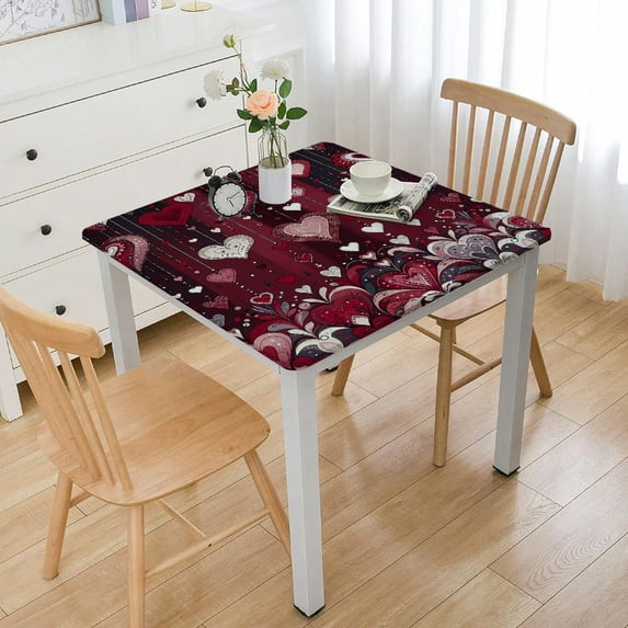 nygtbtfer Red Love Heart Table Cloth, Fitted Tablecloths with Elastic Edge, Wipeable Table Cover for Kitchen Wedding Valentine's Sweetest Day Seasonal Holiday