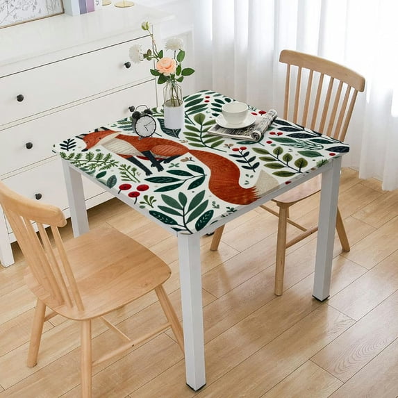 nygtbtfer Red Mushroom Fox Eucalyptus Leaves Table ,Fitted Tablecloth for Table Washable Elastic Stretch Patio Tablecloths,Pastoral Botanical Green Leaf Table Cloth for Cocktail