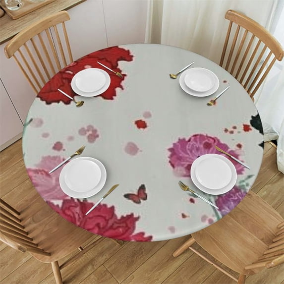nygtbtfer Red Pink Flower Round Fitted Table Covers with Elastic Edge, Outdoor Tablecloths Spring Summer Botanical White Patio Table Covers for Parties Decor 38-42