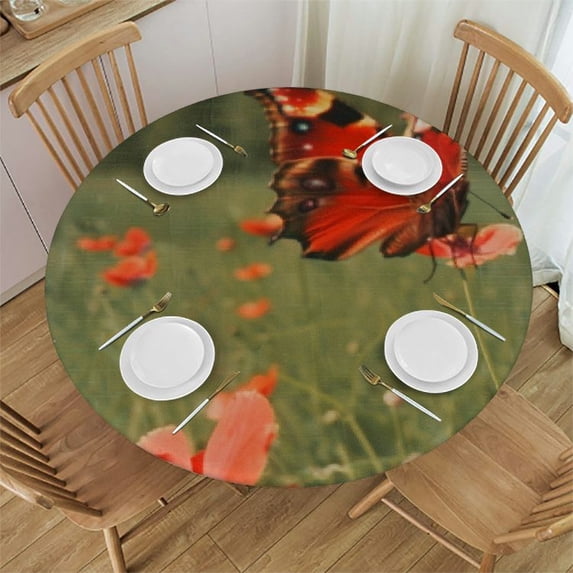 nygtbtfer Red Poppy Flower Round Fitted Tablecloth with Elastic Edge, Butterfly Wipeable Round Table Cover for Kitchen Dining Patio Indoor Outdoor 42-46