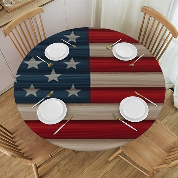 nygtbtfer Round Fitted Tablecloth with Elastic Edge American Flag Patio Table Cover Cloth Blue Red Wood Grain Round Tablecloth for Party Fits Tables 31-35
