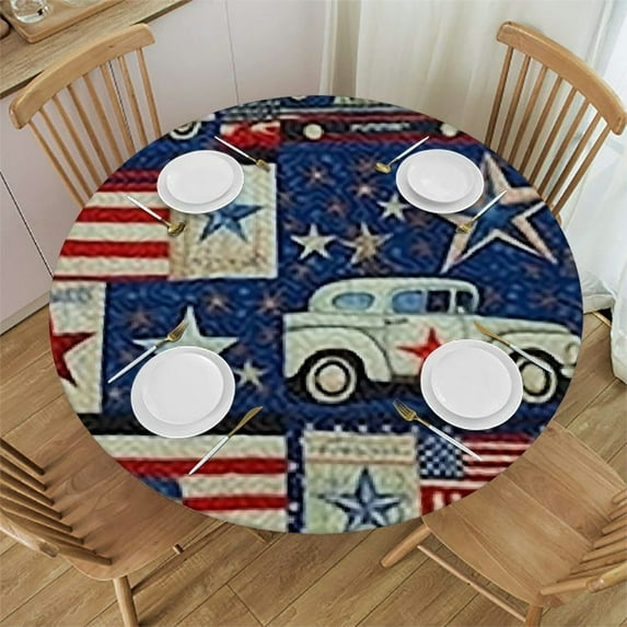 nygtbtfer Round Fitted Tablecloth with Elastic Edge American Patriotic Star Flag Patio Table Cover Cloth Blue Red White Stripes Round Tablecloth for Fits Tables 46-50