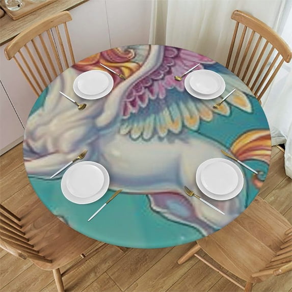 nygtbtfer Round Fitted Tablecloth with Elastic Edge, Cute Flower Unicorn Round Table Cover Oil Proof Wipeable Table Cloth Cover Decor for Indoor Outdoor Patio Picnic Parties  46-50