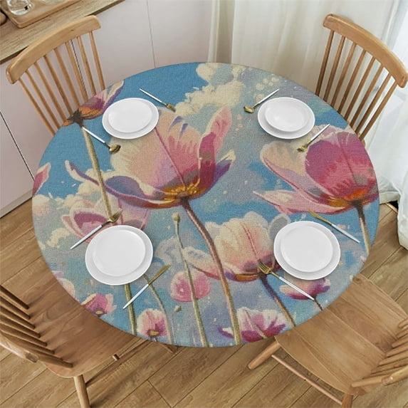 nygtbtfer Round Fitted Tablecloth with Elastic Edge, Oil Proof Table Cover, Tulip Flower Table Cloth Fits Round Tables for Dinner, Outdoor, Picnic, Spring Tulip Flower 42-46
