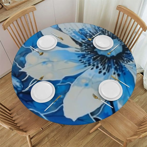 nygtbtfer Round Fitted Tablecloth with Elastic Edge, Oil Proof Vintage Blue Flowers Table Cover, Spring Floral Table Cloth Fits Round Tables for Dinner Outdoor Picnic 38-42