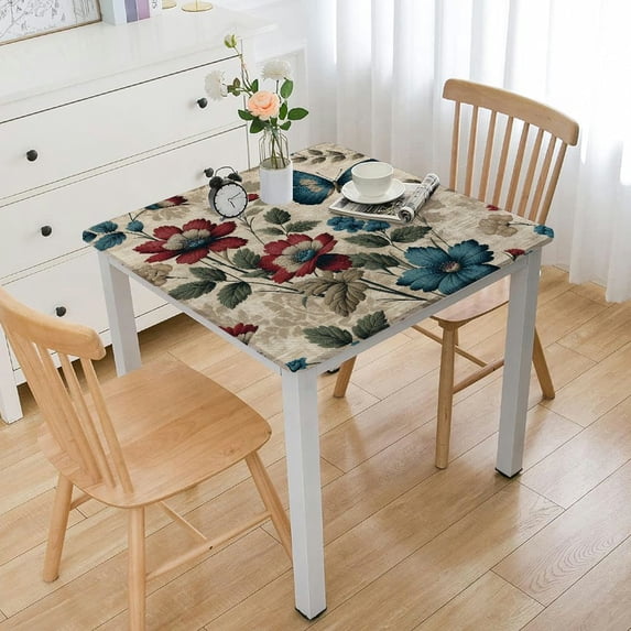 nygtbtfer Round Fitted Tablecloth Elastic Edged Table Cover, Red Blue Poppy Flower Wipeable Table Cloths for Kitchen Dining PartyTables, Leaves on Burlap