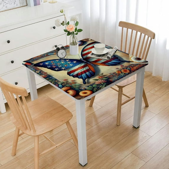 nygtbtfer Round Fitted Tablecloth Elastic Edged Table Cover, USA Flag Wipeable Table Cloths for Kitchen Dining Party Tables,Star Stripe Leaves on Linen