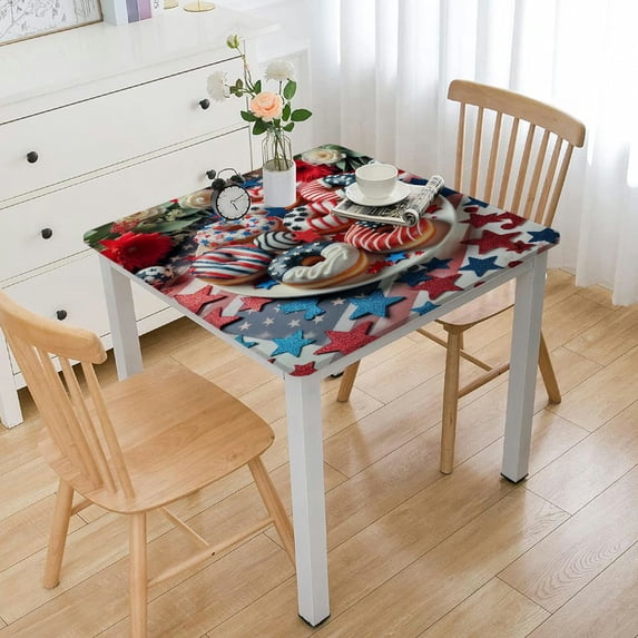 nygtbtfer Round Fitted Tablecloth Elastic Edged Table Cover, Watercolor Poppy Floral Wipeable Table Cloths for Kitchen Dining Party Tables,Star and Stripe USA Flag