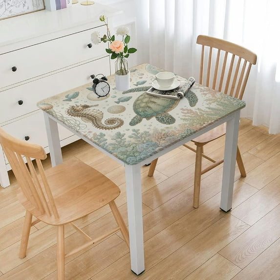 nygtbtfer Round Fitted Tablecloth Elastic Edged Table Cover,Watercolor Turtle Shell Conch Coral Wipeable Table Cloths for Kitchen Dining Party Tables,Undersea Marine Life on White