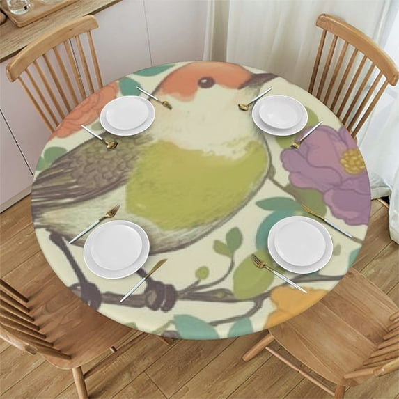 nygtbtfer Round Fitted Tablecloth Table Cloth with Elastic Edge Design Flower Birds Spring Flower Birds Spring Table Covers Vinyl Tablecloths for Wipeable Table Cloth for Indoor Outdoor 42-46