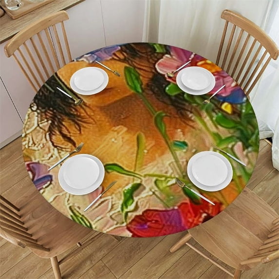 nygtbtfer Round Polyester Fitted Tablecloth with Elastic Edge Abstract Floral Watercolor Floral Spring Summer Flower Table Cloth Cover Stain Resistant Washable for Kitchen Dining 42-46