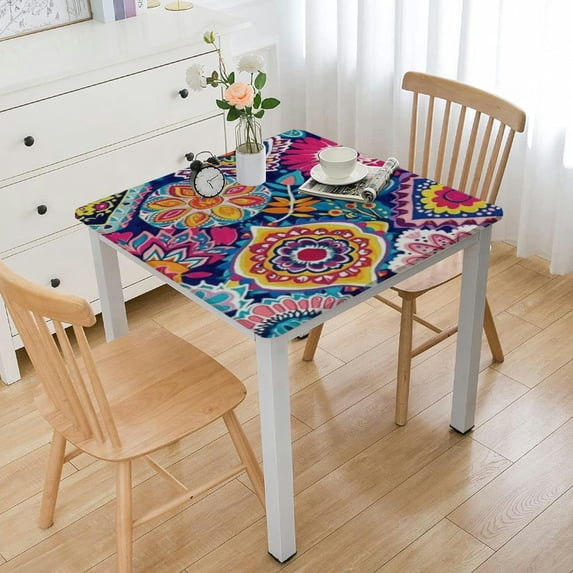 nygtbtfer Round Tablecloths Elastic Edged Colorful Pink Flower Square Frame Tablecloths Washable Reusable Tablecloths for Kitchen Picnic Party white