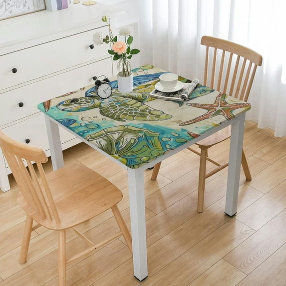 nygtbtfer Sea Fish Turtle Starfish Square Tablecloth Stain and Wrinkle Resistant Table Cloth Washable Polyester Table Cover for Dining Kitchen Wedding Party Elastic Edge white