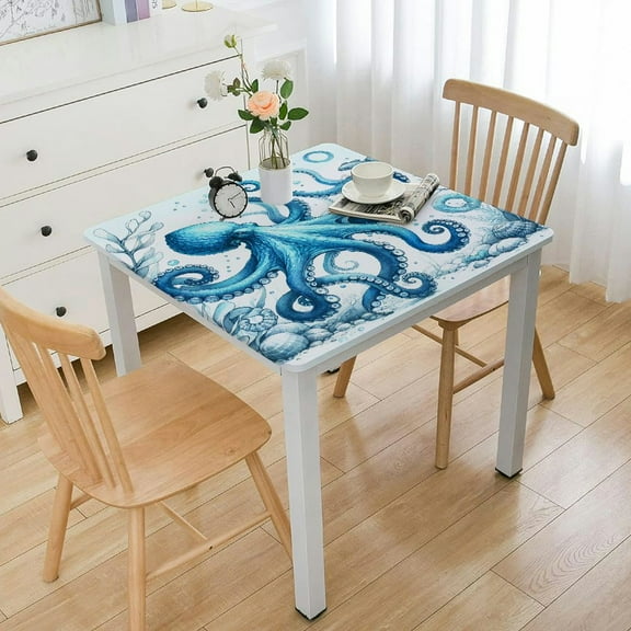 nygtbtfer Sea Octopus Tablecloth, Fitted Table Cover with Elastic for Tables, Summer Coral Starfish Table Cloth Outdoor Dinning Party Tablecloths