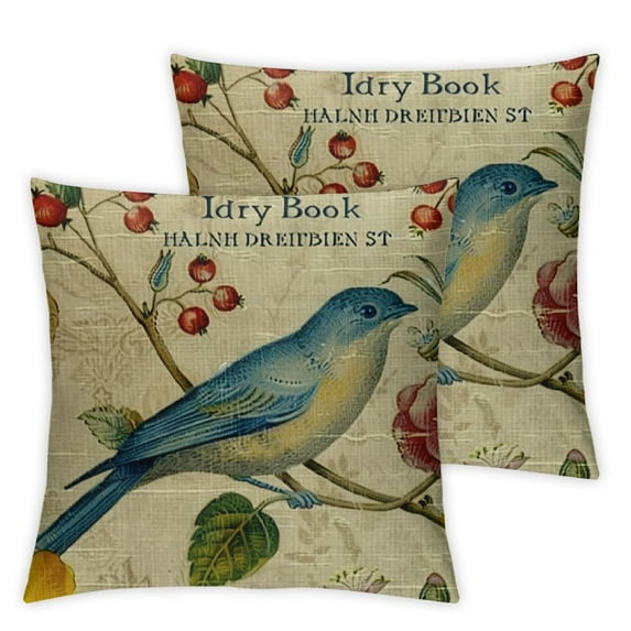 nygtbtfer Set of 2 Linen Throw Pillow Cover  Spring Vintage Watercolor Birds Flowers Green Plants Home Decor Pillowcase Square Cushion Cover for Sofa Bed Couch White