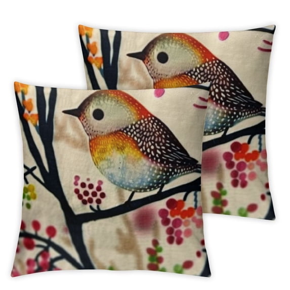 nygtbtfer Set of 2 Linen Throw Pillow Home Decorative Cushion Colorful Spring Animal Flying Red Bird with Flowers Pillow Cases Square Pillocases for Outdoor Bed Sofa White
