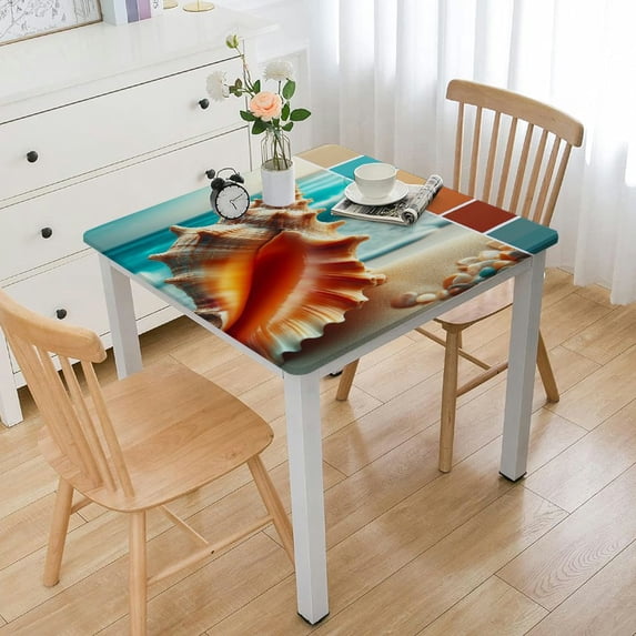 nygtbtfer Shell On The Beach Rectangle Table Cloth Stain and Wrinkle Resistant Spillproof TableclothVinyl Woven Decorative Table Cover for Dining Table Elastic Edge