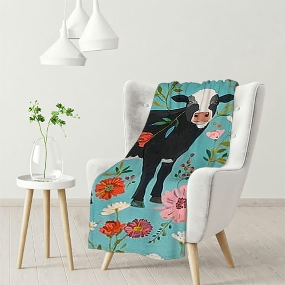 nygtbtfer Show Steer Cows Farm Barn Florals Design Soft Flannel Fleece Sherpa Blanket, Lightweight Cozy Throw Blankets for Couch Bed Sofa White
