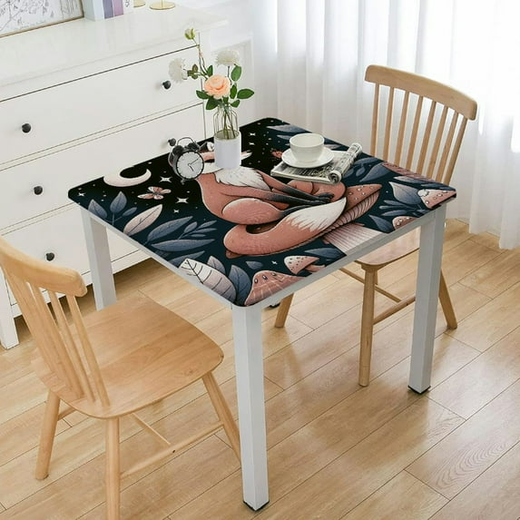 nygtbtfer Spring Mushroom Round Tablecloth Fitted Table Cover,Elastic Tablecloths Outdoor Indoor Stretch Cloth Tablecover for Dinner,Party,Shower,Forest Fox Eucalyptus Botanical Herb Black