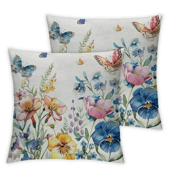 nygtbtfer Spring Pillow Covers Set of 2, Watercolor Flowers Leaves Butterfly Decor Farmhouse Throw Pillows Summer Spring Decorations Floral Pillowcase Square Outdoor Cushion Case for Couch Home White