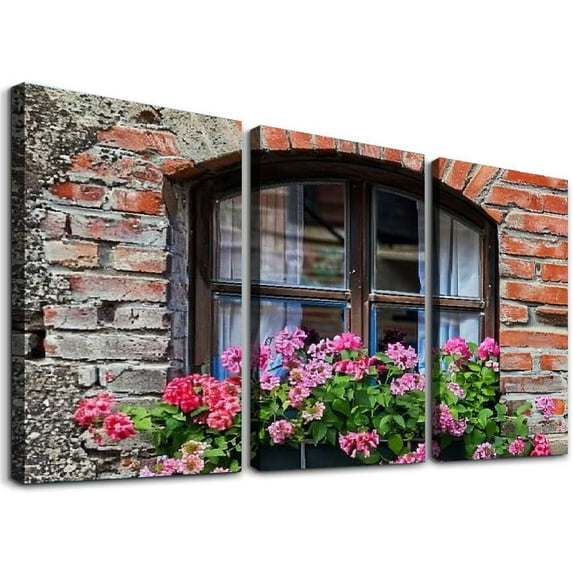 nygtbtfer Square Canvas Wall Art with Wooden Framed Ready to Hang,Retro Landscape of Stone House with Flowers Modern Art Painting Pictures for Bedroom Kitchen Home Decor, 12x16x3pcs