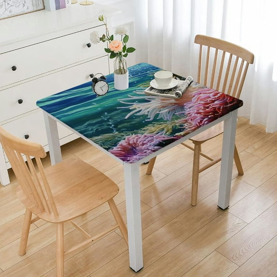 nygtbtfer with , Square Fitted Table Cloth, Wipeable Table Cover for Indoor Party Kitchen Dinner Fits Diameter Square Table, Summer Beach Shells Starfish white