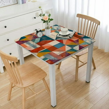 nygtbtfer Square Vinyl Fitted Tablecloth, Abstract Print Polyester Table Cloth, Mosaic Tiles Lines, Fit Square Tables Diameter, Holiday Party Home Kitchen Dining Table Decoration, Multy white